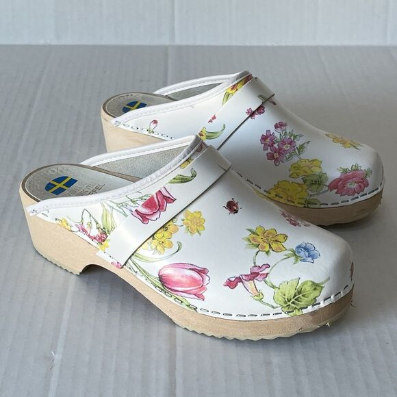 Swedish Svensk Fotriktig Tratoffel White Leather Floral Slip On Wooden Clogs 37 - Picture 2 of 11